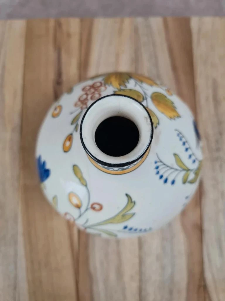 Jarrón antiguo de loza decorada a mano – decoración floral y pájaro – photo 4
